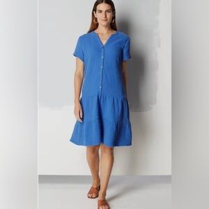 J.Jill Cyan 100% Cotton Gauze Tiered Midi Dress Blue Short Sleeve XL Coastal